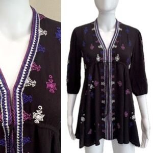 Free People Aztec Embroidered Tunic Dress Size XS Stargazer Black Fairy Grunge